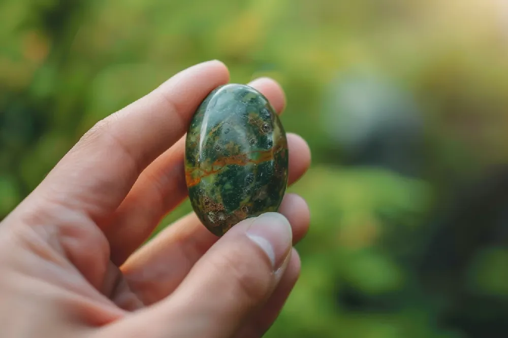 Hand holding dragon blood jasper worry stone between thumb and index finger showing how to use it for grounding and courage